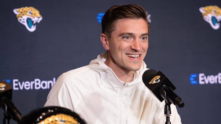 Apr 25, 2025; Jacksonville, FL, USA; Jacksonville Jaguars head general manager James Gladstone talks to the media during a press conference to introduce first round draft pick Travis Hunter (not pictured) at Miller Electric Center. Mandatory Credit: Travis Register-Imagn Images