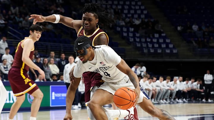 Feb 1, 2026; University Park, Pennsylvania, USA; Penn State Nittany Lions guard Kayden Mingo (4) drives the ball towards the basket during the first half Minnesota Golden Gophers at Bryce Jordan Center. Mandatory Credit: Matthew O'Haren-Imagn Images
