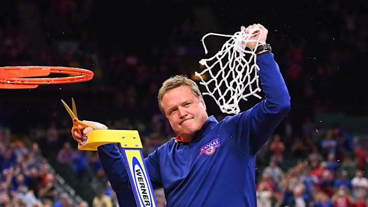 Apr 4, 2022; New Orleans, LA, USA; Kansas Jayhawks head coach Bill Self reacts after cutting down the net after their win against the North Carolina Tar Heels in the 2022 NCAA men's basketball tournament Final Four championship game at Caesars Superdome. Mandatory Credit: Bob Donnan-Imagn Images