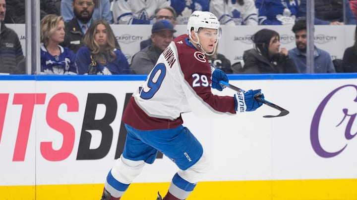 Jan 25, 2026; Toronto, Ontario, CAN; Colorado Avalanche forward Nathan MacKinnon (29) skates against the Toronto Maple Leafs at Scotiabank Arena. Mandatory Credit: John E. Sokolowski-Imagn Images