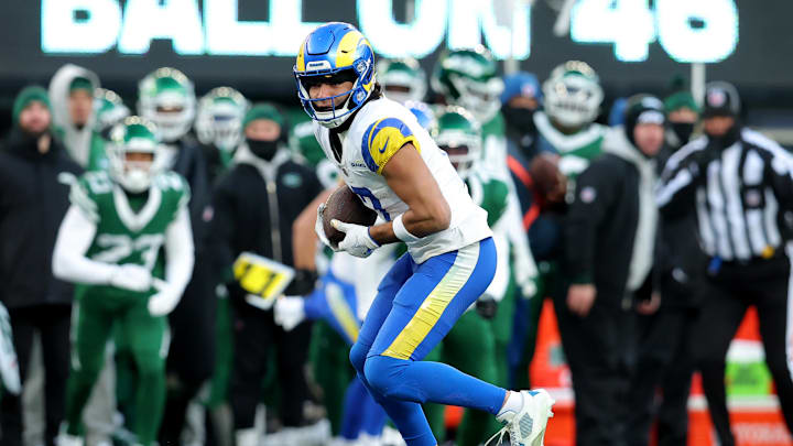 Dec 22, 2024; East Rutherford, New Jersey, USA; Los Angeles Rams wide receiver Puka Nacua (17) runs with the ball against the New York Jets during the fourth quarter at MetLife Stadium. Mandatory Credit: Brad Penner-Imagn Images Dec 22, 2024; East Rutherford, New Jersey, USA; Los Angeles Rams wide receiver Puka Nacua (17) runs with the ball against the New York Jets during the fourth quarter at MetLife Stadium. Mandatory Credit: Brad Penner-Imagn Images