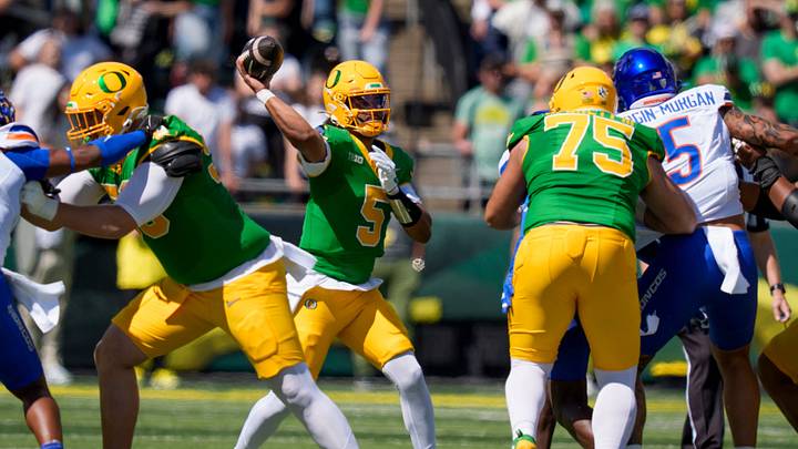 Oregon quarterback Dante Moore throws a pass as the Oregon Ducks host the Boise State Broncos on Sept. 5, 2026, at Autzen Stadium in Eugene, Oregon.