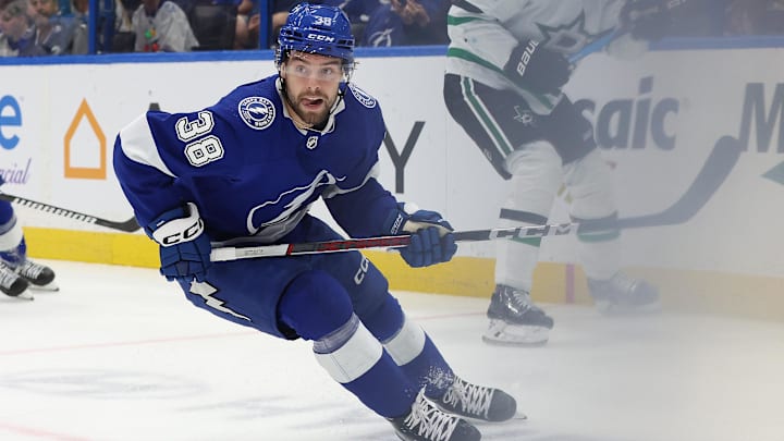 Dec 4, 2023; Tampa, Florida, USA; Tampa Bay Lightning left wing Brandon Hagel (38) skates against