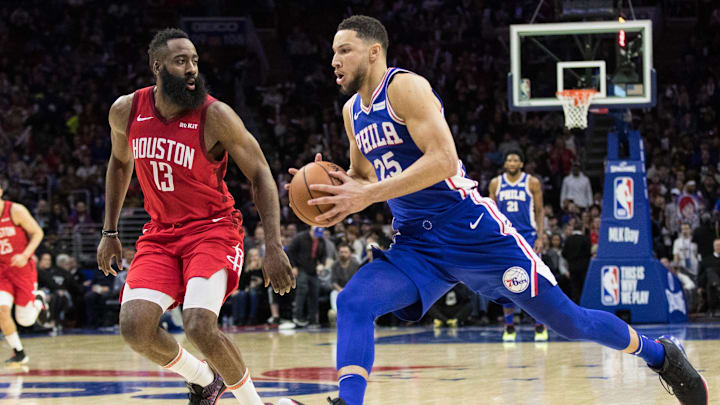 Jan 21, 2019; Philadelphia, PA, USA; Philadelphia 76ers guard Ben Simmons (25) drives against Houston Rockets guard James Harden (13) during the third quarter at Wells Fargo Center. Mandatory Credit: Bill Streicher-Imagn Images Jan 21, 2019; Philadelphia, PA, USA; Philadelphia 76ers guard Ben Simmons (25) drives against Houston Rockets guard James Harden (13) during the third quarter at Wells Fargo Center. Mandatory Credit: Bill Streicher-Imagn Images