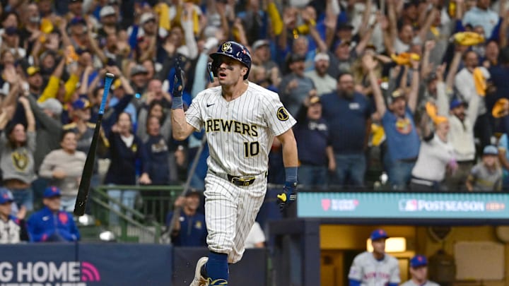 Milwaukee Brewers outfielder Sal Frelick (10) celebrates after hitting a solo home run against the New York Mets in the seventh inning during game three of the Wildcard round for the 2024 MLB Playoffs at American Family Field in 2024.