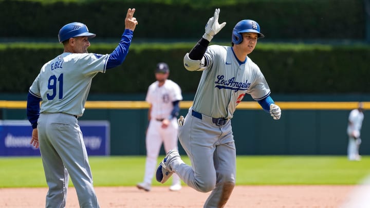 L. A. Dodgers designated hitter Shohei Ohtani (17) celebrates his 200th career home run after batting a solo home run against Detroit Tigers during the fifth inning at Comerica Park in Detroit on Saturday, July 13, 2024.