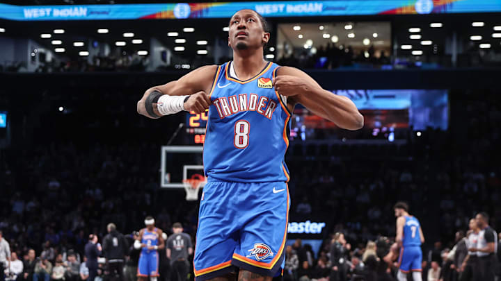 Feb 26, 2025; Brooklyn, New York, USA; Oklahoma City Thunder forward Jalen Williams (8) takes the court at the start of the game against the Brooklyn Nets at Barclays Center. Mandatory Credit: Wendell Cruz-Imagn Images Feb 26, 2025; Brooklyn, New York, USA; Oklahoma City Thunder forward Jalen Williams (8) takes the court at the start of the game against the Brooklyn Nets at Barclays Center. Mandatory Credit: Wendell Cruz-Imagn Images