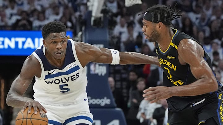 May 6, 2025; Minneapolis, Minnesota, USA; Minnesota Timberwolves guard Anthony Edwards (5) dribbles around Golden State Warriors forward Buddy Hield (7) in the first quarter during game one of the second round for the 2025 NBA Playoffs at Target Center. Mandatory Credit: Bruce Kluckhohn-Imagn Images May 6, 2025; Minneapolis, Minnesota, USA; Minnesota Timberwolves guard Anthony Edwards (5) dribbles around Golden State Warriors forward Buddy Hield (7) in the first quarter during game one of the second round for the 2025 NBA Playoffs at Target Center. Mandatory Credit: Bruce Kluckhohn-Imagn Images