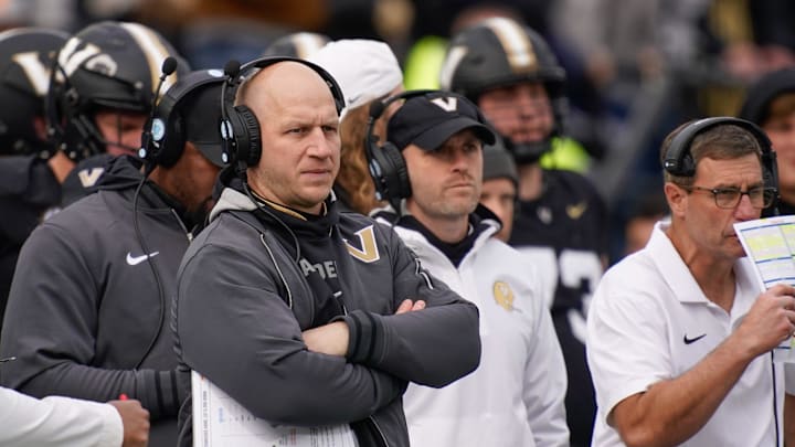 Vanderbilt head coach Clark Lea studies the field during the third quarter at FirstBank Stadium in Nashville, Tenn., Saturday, Nov. 30, 2024.