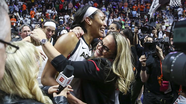 South Carolina basketball legend A'ja Wilson and Las Vegas Aces head coach Becky Hammon following their first WNBA title