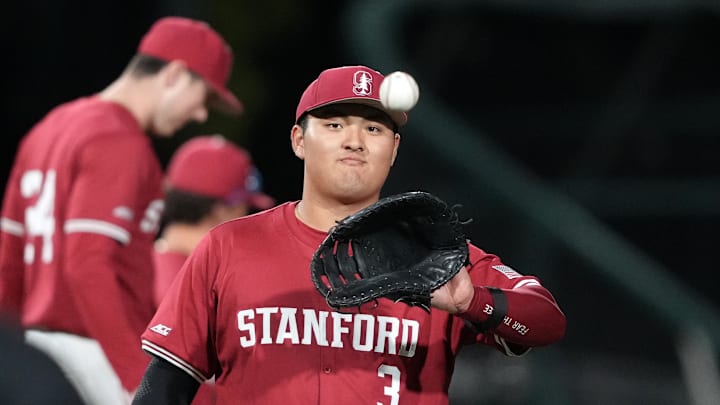 Mar 1, 2025; Stanford, CA, USA; Stanford Cardinal first baseman Rintaro Sasaki (3) catches a ball during the eighth inning against the Xavier Musketeers at Sunken Diamond. Mandatory Credit: Darren Yamashita-Imagn Images