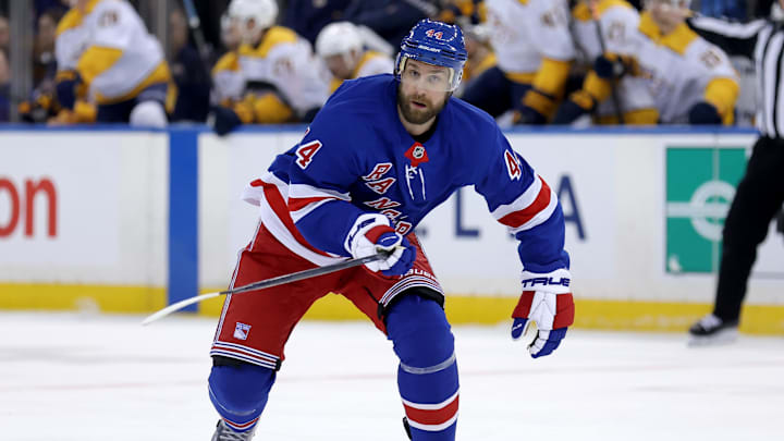 Mar 2, 2025; New York, New York, USA; New York Rangers defenseman Calvin de Haan (44) skates against the Nashville Predators during the first period at Madison Square Garden. Mandatory Credit: Brad Penner-Imagn Images