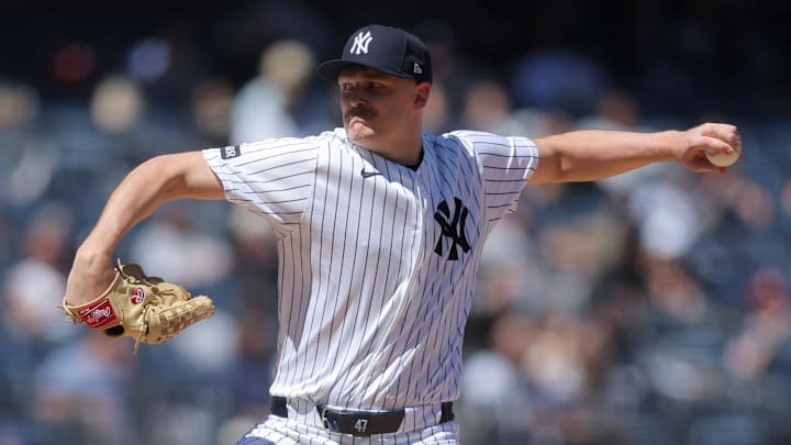 New York Yankees relief pitcher Brent Headrick (47) pitches against the Texas Rangers during the sixth inning at Yankee Stadium.