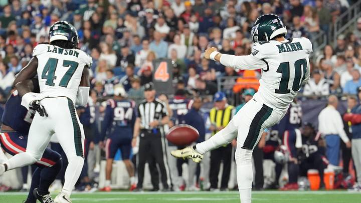 Philadelphia Eagles punter Braden Mann (10) punts the ball against the New England Patriots. Philadelphia Eagles punter Braden Mann (10) punts the ball against the New England Patriots.