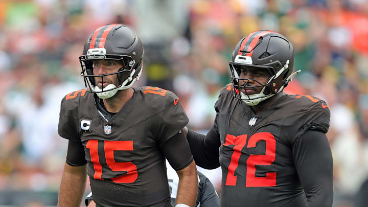 Cleveland Browns quarterback Joe Flacco (15) heads back to the huddle after offensive tackle KT Leveston (72) allowed a sack during the second half of an NFL football game at Huntington Bank Field, Sept. 21, 2025, in Cleveland, Ohio.