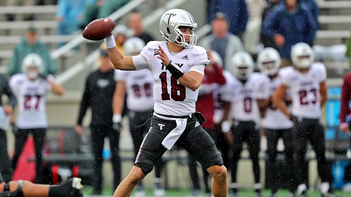 Oct 14, 2023; West Point, New York, USA; Troy Trojans quarterback Gunnar Watson (18) throws the ball