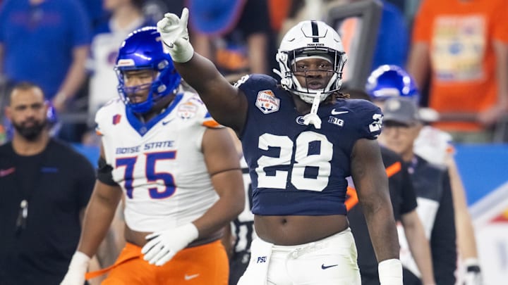 Penn State Nittany Lions defensive tackle Zane Durant celebrates a play against the Boise State Broncos during the Fiesta Bowl.