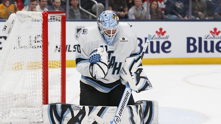 Mar 7, 2026; Columbus, Ohio, USA; Utah Mammoth goalie Karel Vejmelka (70) makes a save against the Columbus Blue Jackets during the second period at Nationwide Arena. Mandatory Credit: Russell LaBounty-Imagn Images