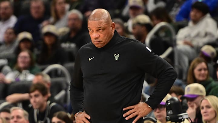 Mar 8, 2026; Milwaukee, Wisconsin, USA;  Milwaukee Bucks head coach Doc Rivers looks on in the fourth quarter against the Orlando Magic at Fiserv Forum. Mandatory Credit: Benny Sieu-Imagn Images