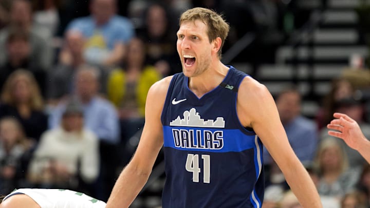 Feb 24, 2018; Salt Lake City, UT, USA; Dallas Mavericks forward Dirk Nowitzki (41) reacts during the second half against the Utah Jazz at Vivint Smart Home Arena. Mandatory Credit: Russ Isabella-Imagn Images