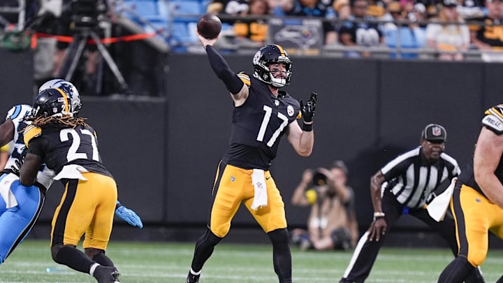 Pittsburgh Steelers quarterback Skylar Thompson (17) throws against the Carolina Panthers  during the second quarter in a 2025 preseason game at Bank of America Stadium.