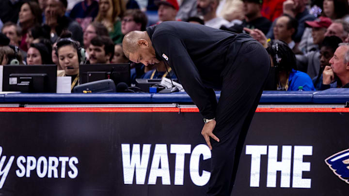 Mar 28, 2024; New Orleans, Louisiana, USA;   Milwaukee Bucks head coach Doc Rivers reacts to a play against the New Orleans Pelicans during the first half at Smoothie King Center. Mandatory Credit: Stephen Lew-Imagn Images