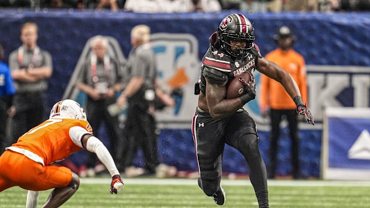Aug 31, 2025; Atlanta, Georgia, USA; South Carolina Gamecocks tight end Maurice Brown II (44) runs against the Virginia Tech Hokies during the first quarter at Mercedes-Benz Stadium. Mandatory Credit: Dale Zanine-Imagn Images