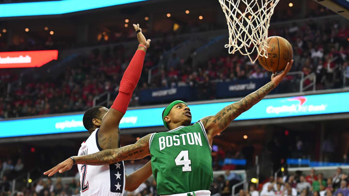 May 7, 2017; Washington, DC, USA; Boston Celtics guard Isaiah Thomas (4) shoots a layup as Washington Wizards guard John Wall (2) defends during the second quarter in game four of the second round of the 2017 NBA Playoffs at Verizon Center. Mandatory Credit: Brad Mills-USA TODAY Sports May 7, 2017; Washington, DC, USA; Boston Celtics guard Isaiah Thomas (4) shoots a layup as Washington Wizards guard John Wall (2) defends during the second quarter in game four of the second round of the 2017 NBA Playoffs at Verizon Center. Mandatory Credit: Brad Mills-USA TODAY Sports