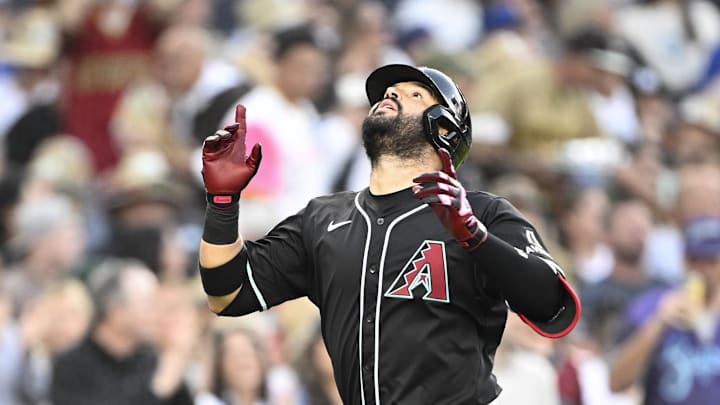 Jul 9, 2025; San Diego, California, USA; Arizona Diamondbacks third baseman Eugenio Suarez (28) points skyward after hitting a solo home run during the fourth inning against the San Diego Padres at Petco Park. Mandatory Credit: Denis Poroy-Imagn Images Jul 9, 2025; San Diego, California, USA; Arizona Diamondbacks third baseman Eugenio Suarez (28) points skyward after hitting a solo home run during the fourth inning against the San Diego Padres at Petco Park. Mandatory Credit: Denis Poroy-Imagn Images