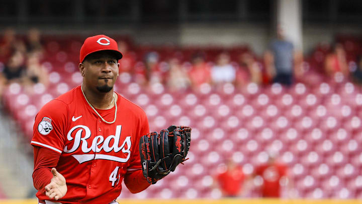 Sep 5, 2024; Cincinnati, Ohio, USA; Cincinnati Reds relief pitcher Alexis Diaz (43) reacts after the victory over the Houston Astros at Great American Ball Park. Mandatory Credit: Katie Stratman-Imagn Images