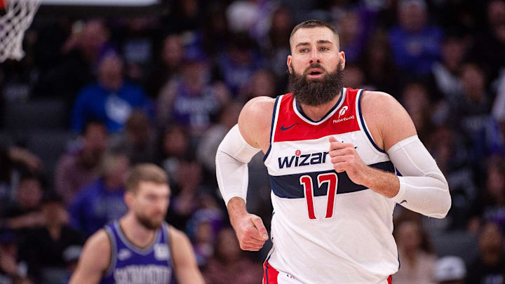 Jan 19, 2025; Sacramento, California, USA; Washington Wizards center Jonas Valanciunas (17) runs up the court during the fourth quarter of the game against the Sacramento Kings at Golden 1 Center. Mandatory Credit: Ed Szczepanski-Imagn Images