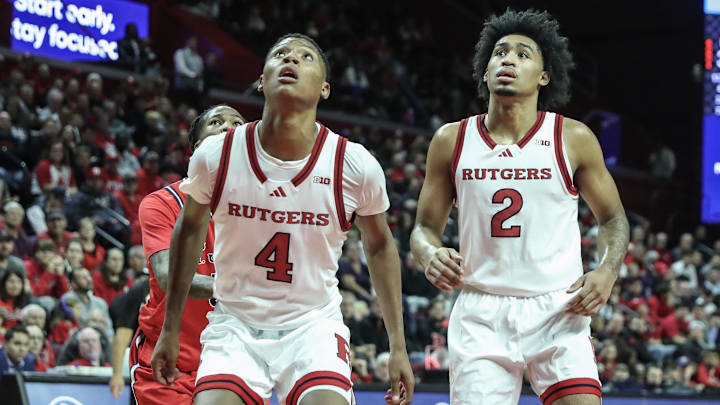 Oct 17, 2024; Piscataway, NJ, USA;Rutgers Scarlet Knights guards Airious Bailey (4) and Dylan Harper (2) get ready to grab a rebound in the first half against the St. John's Red Storm at Jersey Mike's Arena. Mandatory Credit: Wendell Cruz-Imagn Images Oct 17, 2024; Piscataway, NJ, USA;Rutgers Scarlet Knights guards Airious Bailey (4) and Dylan Harper (2) get ready to grab a rebound in the first half against the St. John's Red Storm at Jersey Mike's Arena. Mandatory Credit: Wendell Cruz-Imagn Images