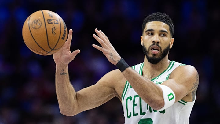 Feb 20, 2025; Philadelphia, Pennsylvania, USA; Boston Celtics forward Jayson Tatum (0) catches a pass against the Philadelphia 76ers during the second quarter at Wells Fargo Center. Mandatory Credit: Bill Streicher-Imagn Images
