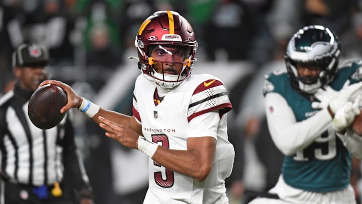 Nov 14, 2024; Philadelphia, Pennsylvania, USA; Washington Commanders quarterback Jayden Daniels (5) against the Philadelphia Eagles at Lincoln Financial Field. Mandatory Credit: Eric Hartline-Imagn Images