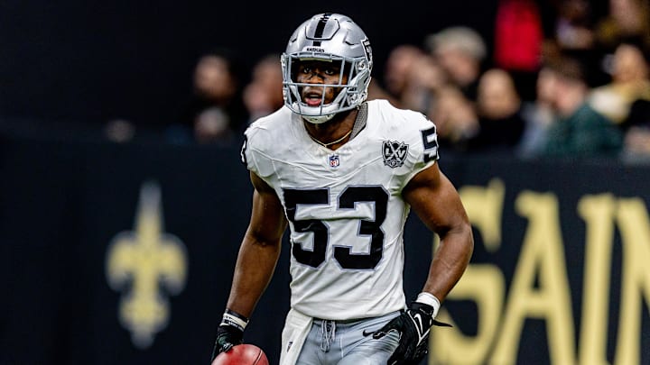 Dec 29, 2024; New Orleans, Louisiana, USA; Las Vegas Raiders linebacker Amari Gainer (53) looks on against the New Orleans Saints during the second half at Caesars Superdome. Mandatory Credit: Stephen Lew-Imagn Images Dec 29, 2024; New Orleans, Louisiana, USA; Las Vegas Raiders linebacker Amari Gainer (53) looks on against the New Orleans Saints during the second half at Caesars Superdome. Mandatory Credit: Stephen Lew-Imagn Images