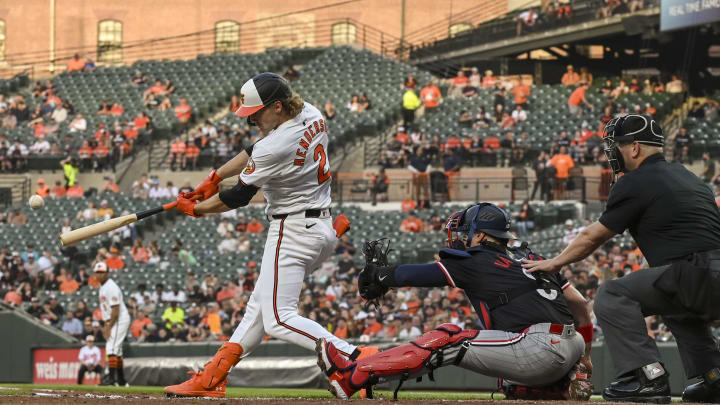 Apr 16, 2024; Baltimore, Maryland, USA; Baltimore Orioles shortstop Gunnar Henderson (2) hits a two Apr 16, 2024; Baltimore, Maryland, USA; Baltimore Orioles shortstop Gunnar Henderson (2) hits a two