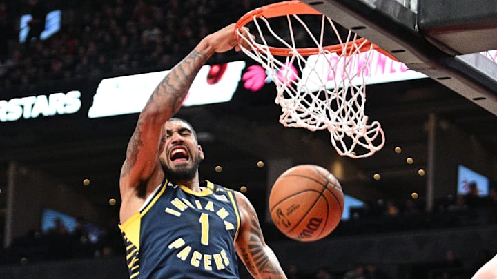 Apr 9, 2024; Toronto, Ontario, CAN;  Indiana Pacers forward Obi Toppin (1) dunks for a basket