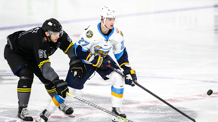 Iowa Heartlanders forward James Sanchez, left, battles for possession with Toledo Walleye forward