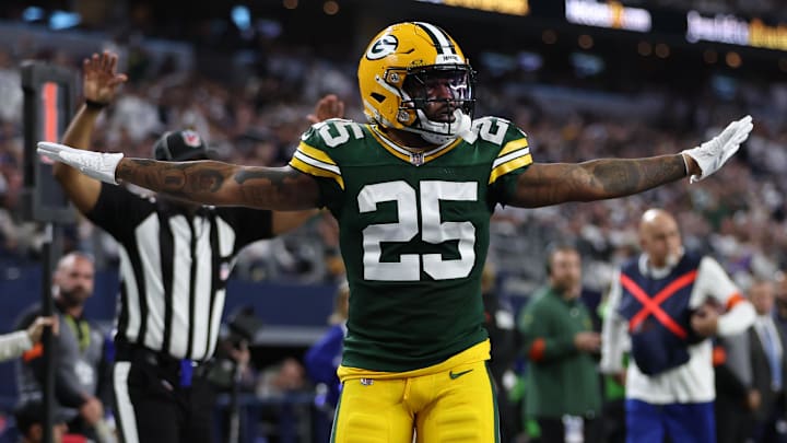 Jan 14, 2024; Arlington, Texas, USA; Green Bay Packers cornerback Keisean Nixon (25) reacts after a play against the Dallas Cowboys during the second half of the  2024 NFC wild card game at AT&T Stadium. Mandatory Credit: Tim Heitman-USA TODAY Sports