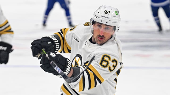 May 2, 2024; Toronto, Ontario, CAN;   Boston Bruins forward Brad Marchand (63) warms up before playing the Toronto Maple Leafs in game six of the first round of the 2024 Stanley Cup Playoffs at Scotiabank Arena. Mandatory Credit: Dan Hamilton-Imagn Images