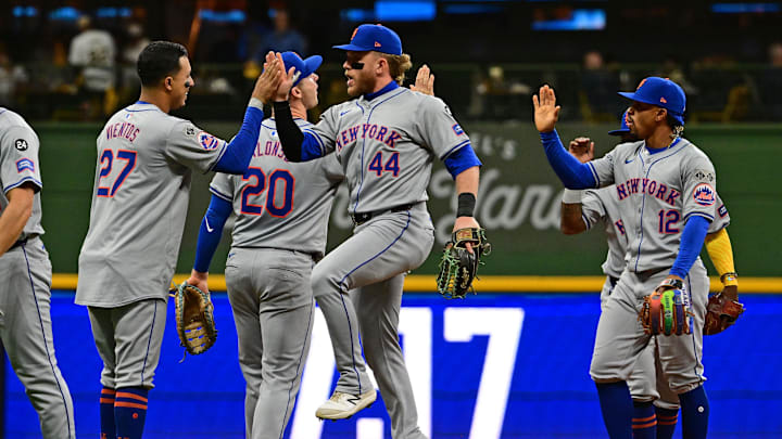 Oct 1, 2024; Milwaukee, Wisconsin, USA; New York Mets outfielder Harrison Bader (44) reacts after the ninth inning against the Milwaukee Brewers in game one of the Wildcard round for the 2024 MLB Playoffs at American Family Field. Mandatory Credit: Benny Sieu-Imagn Images