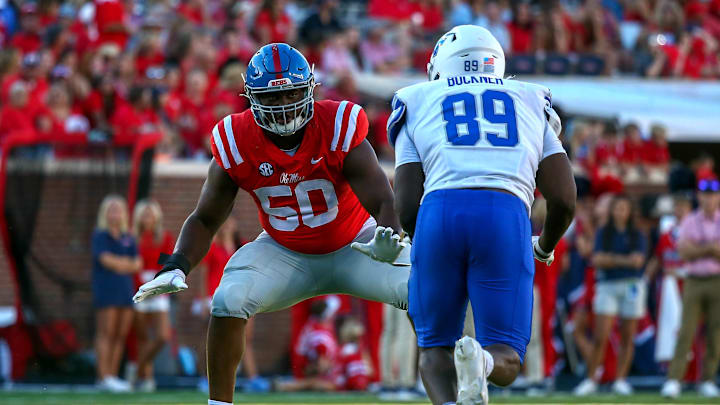 Sep 7, 2024; Oxford, Mississippi, USA; Mississippi Rebels offensive linemen Jayden Williams (50) blocks Middle Tennessee Blue Raiders defensive linemen Brandon Buckner (89) during the second half at Vaught-Hemingway Stadium. Mandatory Credit: Petre Thomas-Imagn Images Sep 7, 2024; Oxford, Mississippi, USA; Mississippi Rebels offensive linemen Jayden Williams (50) blocks Middle Tennessee Blue Raiders defensive linemen Brandon Buckner (89) during the second half at Vaught-Hemingway Stadium. Mandatory Credit: Petre Thomas-Imagn Images