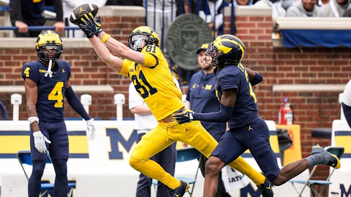 Team Maize wide receiver Peyton O'Leary (81) tries to grab a pass against Team Blue defensive back Shamari Earls (2) during the second half of the spring game at Michigan Stadium in Ann Arbor on Saturday, April 19, 2025.