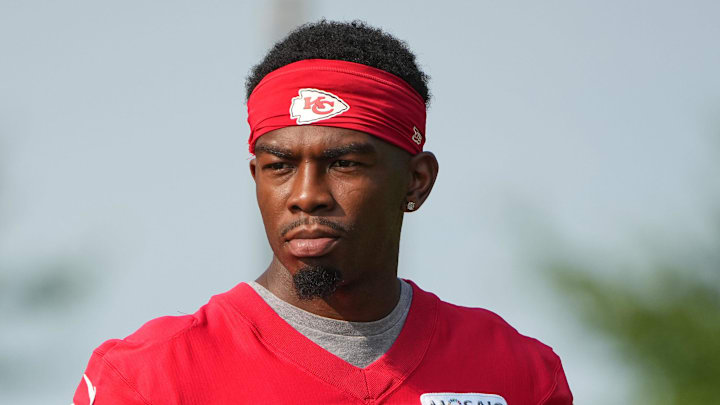 Jul 22, 2024; St. Joseph, MO, USA; Kansas City Chiefs wide receiver Justyn Ross (8) walks down the hill from the locker room to the fields prior to training camp at Missouri Western State University. Mandatory Credit: Denny Medley-Imagn Images