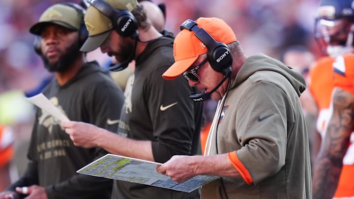 Nov 16, 2025; Denver, Colorado, USA;  Denver Broncos head coach Sean Payton on the sidelines during the first quarter of the game against the Kansas City Chiefs at Empower Field at Mile High. Mandatory Credit: Ron Chenoy-Imagn Images