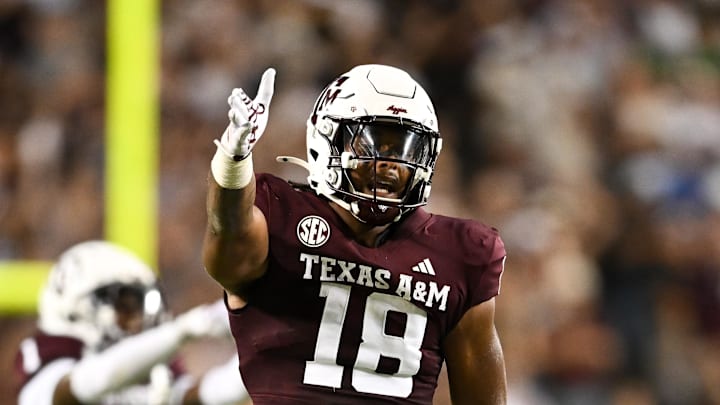 Aug 31, 2024; College Station, Texas, USA; Texas A&M Aggies defensive lineman Cashius Howell (18) reacts during the fourth quarter against the Notre Dame Fighting Irish at Kyle Field. Mandatory Credit: Maria Lysaker-Imagn Images