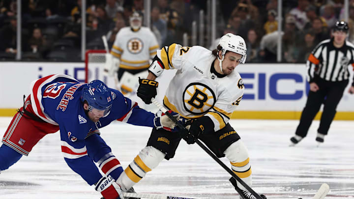 Jan 10, 2026; Boston, Massachusetts, USA; New York Rangers left wing Alexis Lafrenière (13) tries to slow down Boston Bruins center Marat Khusnutdinov (92) during the first period at TD Garden. Mandatory Credit: Winslow Townson-Imagn Images Jan 10, 2026; Boston, Massachusetts, USA; New York Rangers left wing Alexis Lafrenière (13) tries to slow down Boston Bruins center Marat Khusnutdinov (92) during the first period at TD Garden. Mandatory Credit: Winslow Townson-Imagn Images