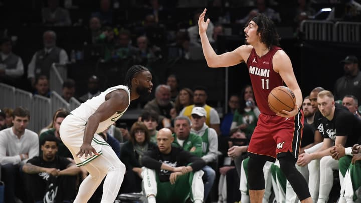 Apr 21, 2024; Boston, Massachusetts, USA; Miami Heat guard Jaime Jaquez Jr. (11) controls the ball against Celtics - Bob DeChiara/USA TODAY Sports Apr 21, 2024; Boston, Massachusetts, USA; Miami Heat guard Jaime Jaquez Jr. (11) controls the ball against Celtics - Bob DeChiara/USA TODAY Sports