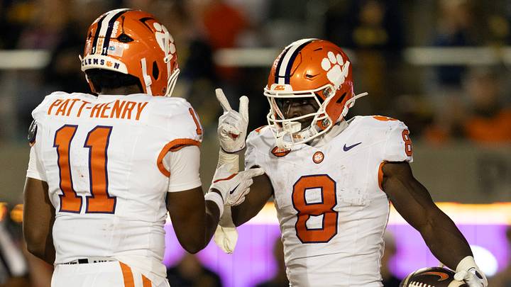Sep 25, 2026; Berkeley, California, USA; Clemson Tigers running back Gideon Davidson (8) celebrates his one-yard touchdown run with teammate Olsen Patt-Henry (11) during the second quarter against the California Golden Bears at California Memorial Stadium. Mandatory Credit: D. Ross Cameron-Imagn Images Sep 25, 2026; Berkeley, California, USA; Clemson Tigers running back Gideon Davidson (8) celebrates his one-yard touchdown run with teammate Olsen Patt-Henry (11) during the second quarter against the California Golden Bears at California Memorial Stadium. Mandatory Credit: D. Ross Cameron-Imagn Images