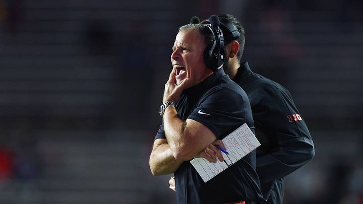 Oct 3, 2026; Piscataway, New Jersey, USA; Rutgers Scarlet Knights head coach Greg Schiano reacts during the second half against the Indiana Hoosiers at SHI Stadium. Mandatory Credit: Vincent Carchietta-Imagn Images Oct 3, 2026; Piscataway, New Jersey, USA; Rutgers Scarlet Knights head coach Greg Schiano reacts during the second half against the Indiana Hoosiers at SHI Stadium. Mandatory Credit: Vincent Carchietta-Imagn Images